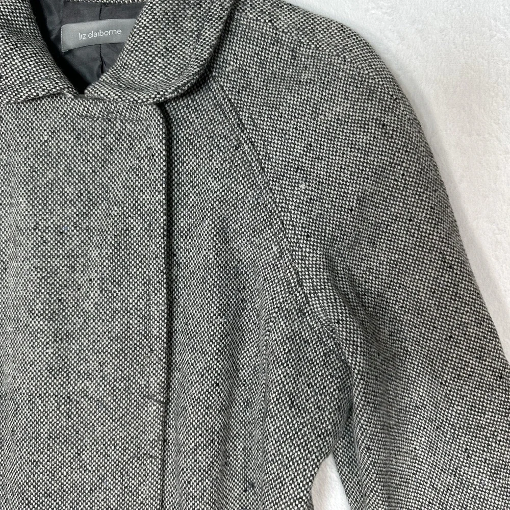 Liz Claiborne Tweed Jacket Wool Blend Belted Gray Large Heritage Academia‎